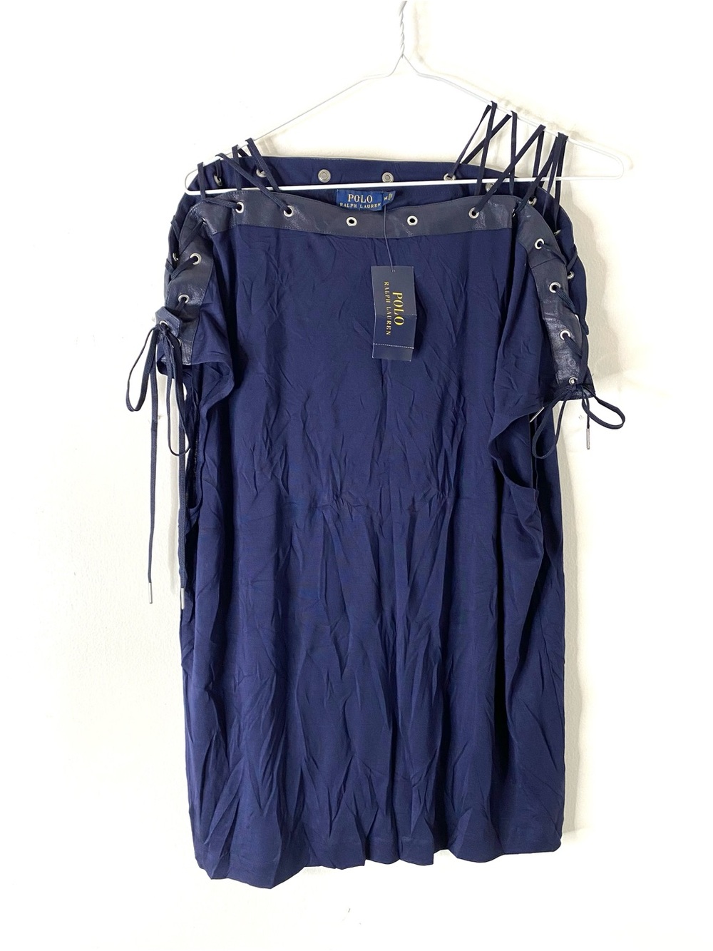 Polo Ralph Lauren NWT Navy Lace Up Shoulder Top Lamb Leather Trim Designer
